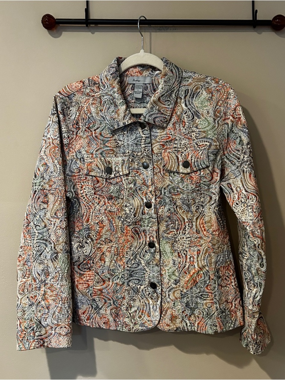 Analogy Paisley Button-Front Shirt Jacket in Gray and Orange Embroidered